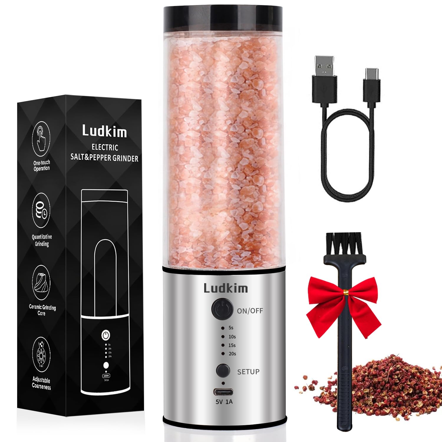 Stainless Steel Electric Pepper Grinder with Massive 240ML See-Through Hopper - USB-C Rechargeable, Adjustable 5-20s Timer, Powerful Ceramic Grinder for Salt, Peppercorns & Dry Spices (2025 Upgraded)