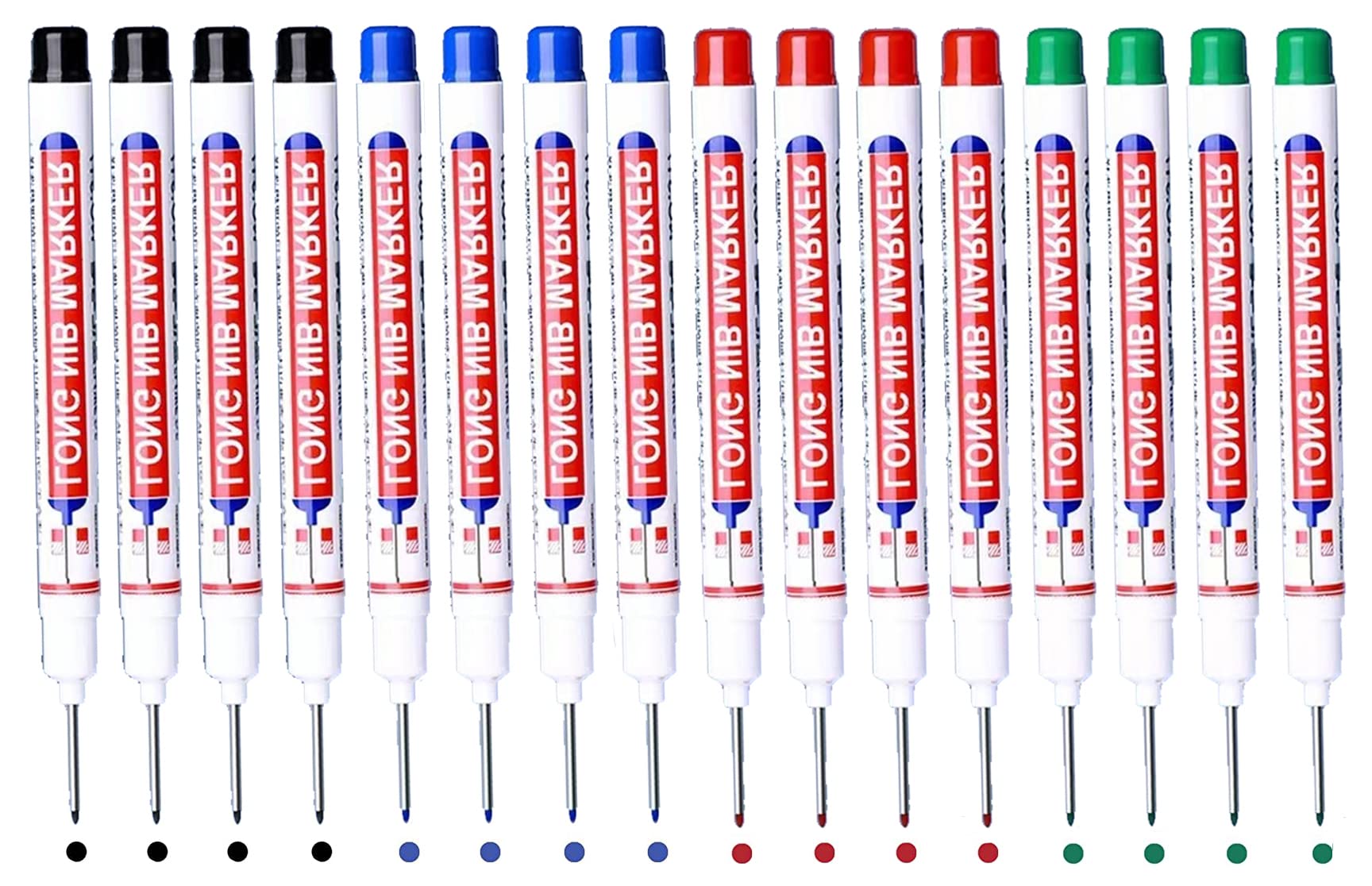 BetterJonny 16Pcs Deep Hole Marker Pens, 20mm Long Head Deep Hole Marker Carpenters Pen,Hole Marker Tool for Architect Carpenter Permanent Marking of Hard to Reach Areas 4 Color(Black Blue Red Green)