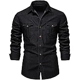 Kissonic Mens Denim Shirt Long Sleeve Slim Fit Jean Shirt for Men Button Down Causal Striped Denim Shirts