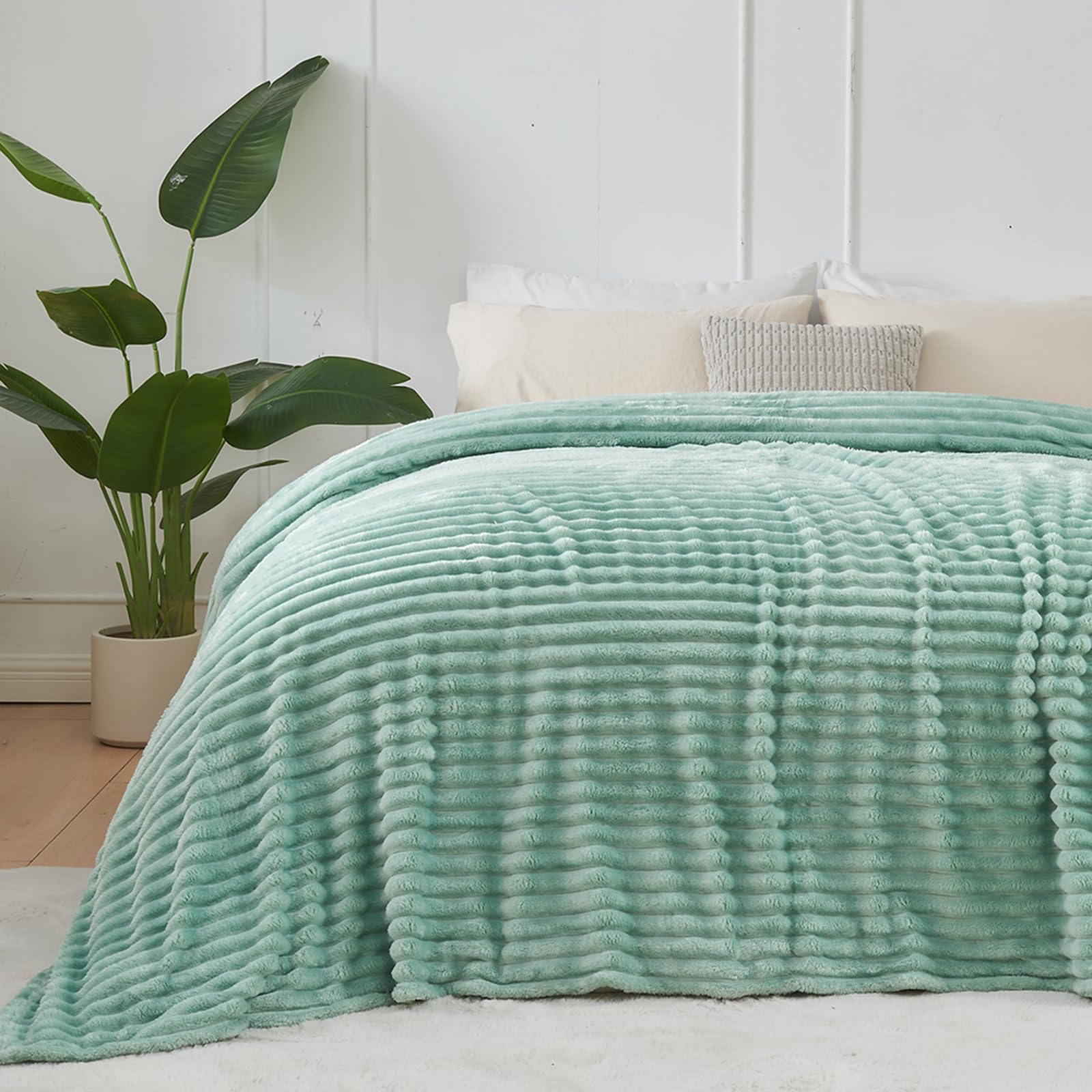 NEWCOSPLAY Super Soft Queen Blanket New Sage Green Premium Silky Flannel Fleece 3D Ribbed Jacquard Lightweight Bed Blanket All Season Use (New Sage Green Ribbed, Queen(90"x90")) Image NEWCOSPLAY Super Soft Queen Blanket New Sage Green Premium Silky Flannel Fleece 3D Ribbed Jacquard Lightweight Bed Blanket All Season Use (New Sage Green Ribbed, Queen(90"x90")) Image