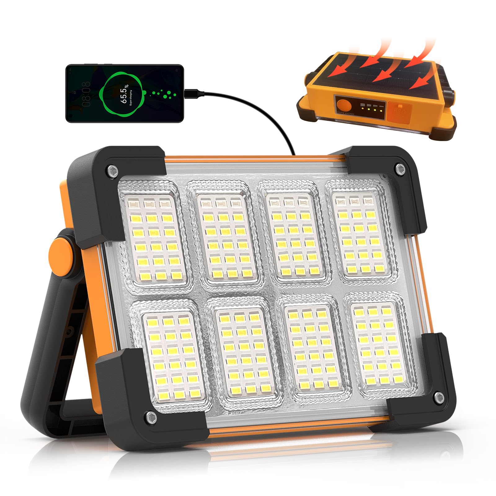 Photo 1 of 120W Solar Rechargeable Work Light, 144 LED 10000LM Led Work Light with 4 Modes, Portable Flood Light with Stand, IP66 Waterproof Outdoor Working Light for Emergency Mechanic Camping Repair (Yellow)