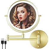 MIROAMZ 8" Wall Mounted Lighted Makeup Mirror, 1X/10X, Gold | Rechargeable Lighted Makeup Vanity Mirror,Double Sided Dimmable,Magnifying,3 Color Lighting,360 Rotation Shaving,Women Gift