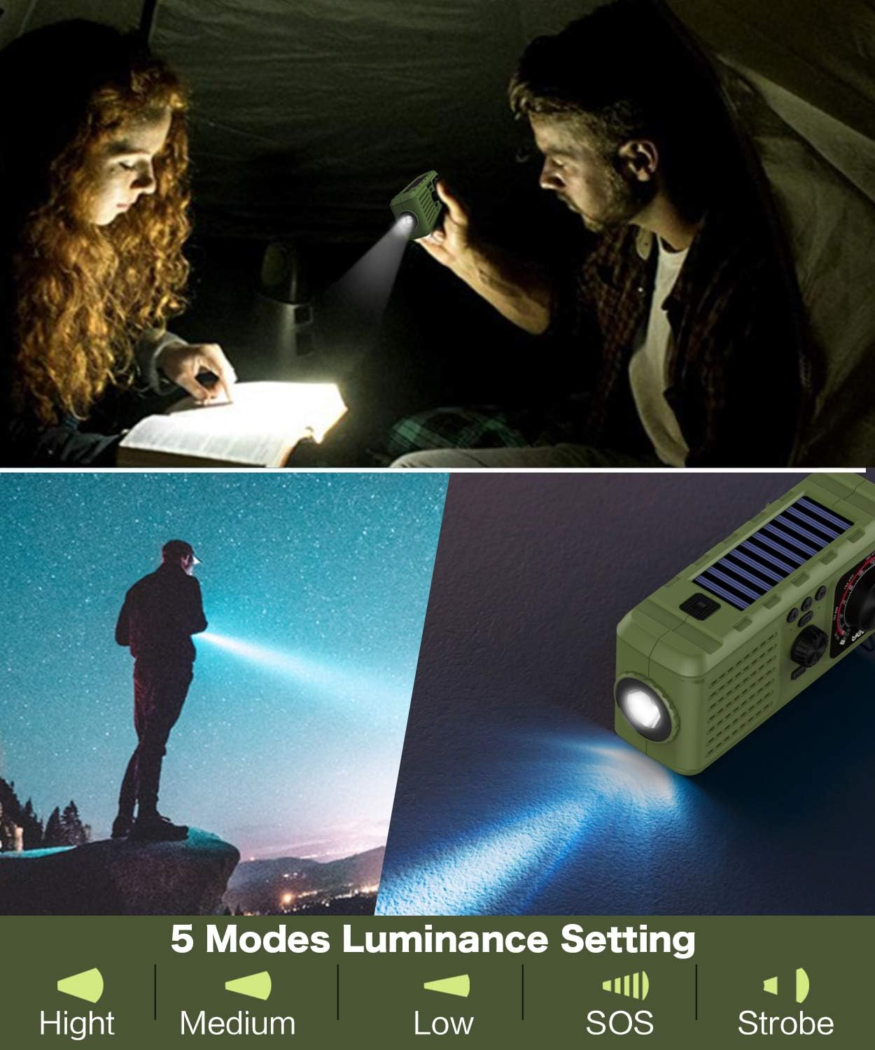 Solar Crank Emergency Radio, YEZRO NOAA/AM/FM Portable Weather Radios with Flashlight, SOS Alarm, USB Phone Charger, MP3 Player, 2200mHA Power Bank for Home Outdoor (Green): Home Audio & Theater