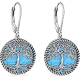 ONEFINITY Turquoise Tree of Life Earrings 925 Sterling Silver Leverback Tree of Life Dangle Drop Earrings Jewelry for Women