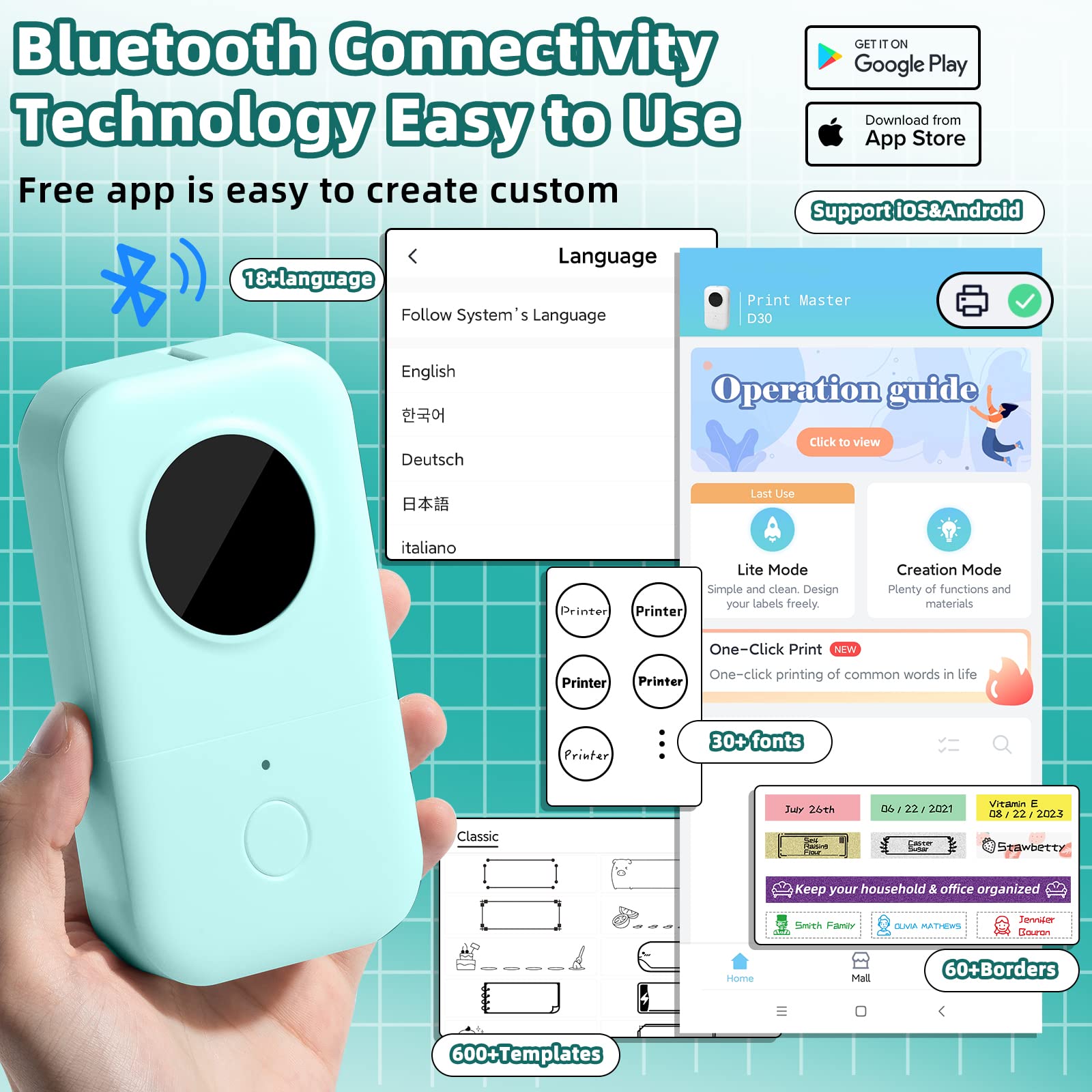 Phomemo Label Maker Machine with Tape, D30 Mini Bluetooth Label Printer, Versatile App with with 1000+ Symbols and 60+ Borders, Portable Label Maker for School Supplies, Home, Office, Green