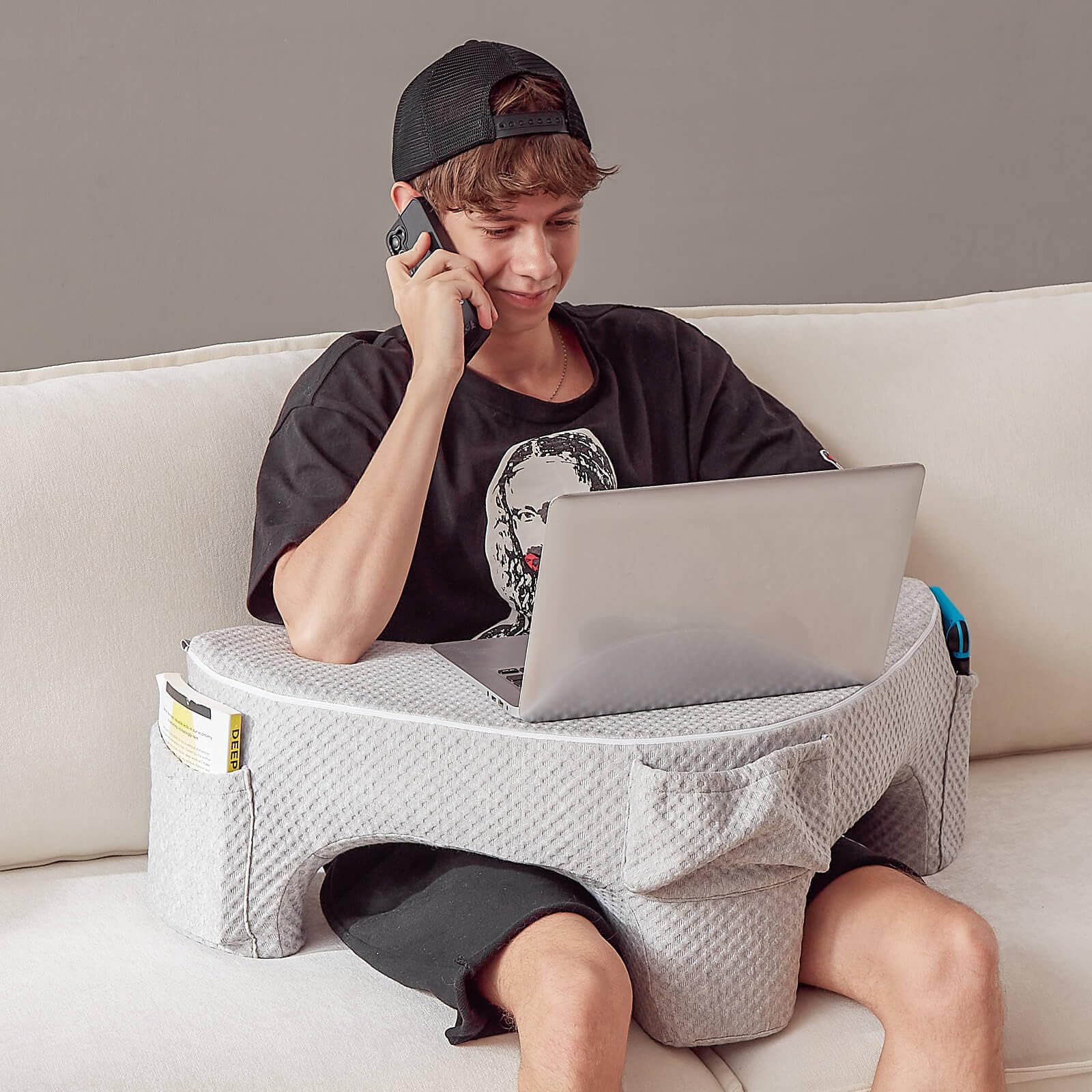 Reading Pillow for Lap, Bed Desk, Laptop Lap Desk, Laptop Desk for Bed, Gaming Pillow, Bed Pillow for Sitting Up, Memory Foam Bed Pillow (Gray), Ideal for Sitting in Bed, on The Sofa or on The Floor