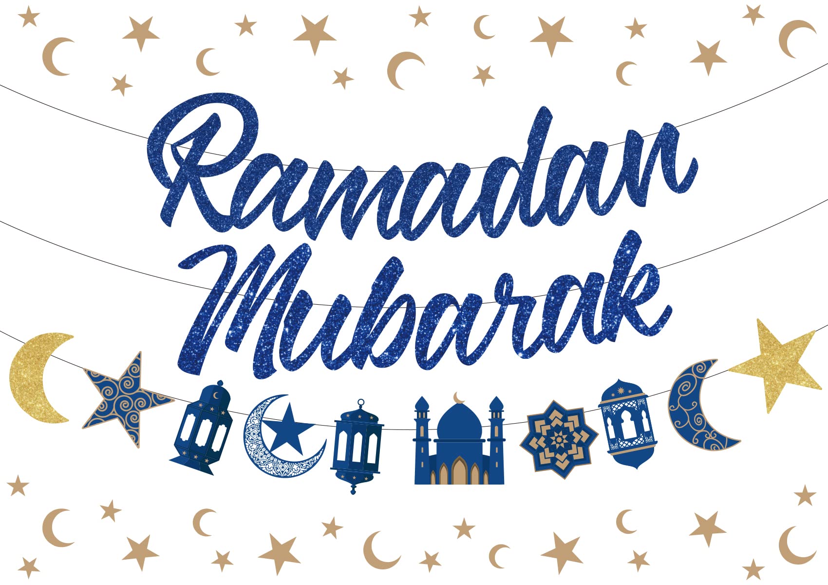 Ramadan Mubarak Decorations Banner Blue, Moon and Star Bunting Garland, Eid Ramadan Muslim Islamic Party Decorations Indoor/Outdoor