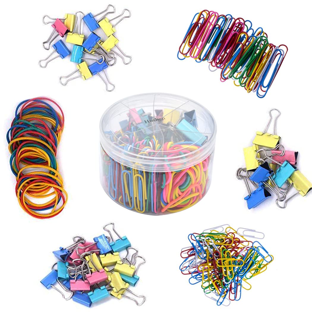 Hoshen 240PCS Colorful Office Binder Paper Clip Set，28mm/50mm Paper Plips, 15mm/19mm/25mm Large, Medium and Small Binders, Office Paper Clips and Elastic Rubber Bands