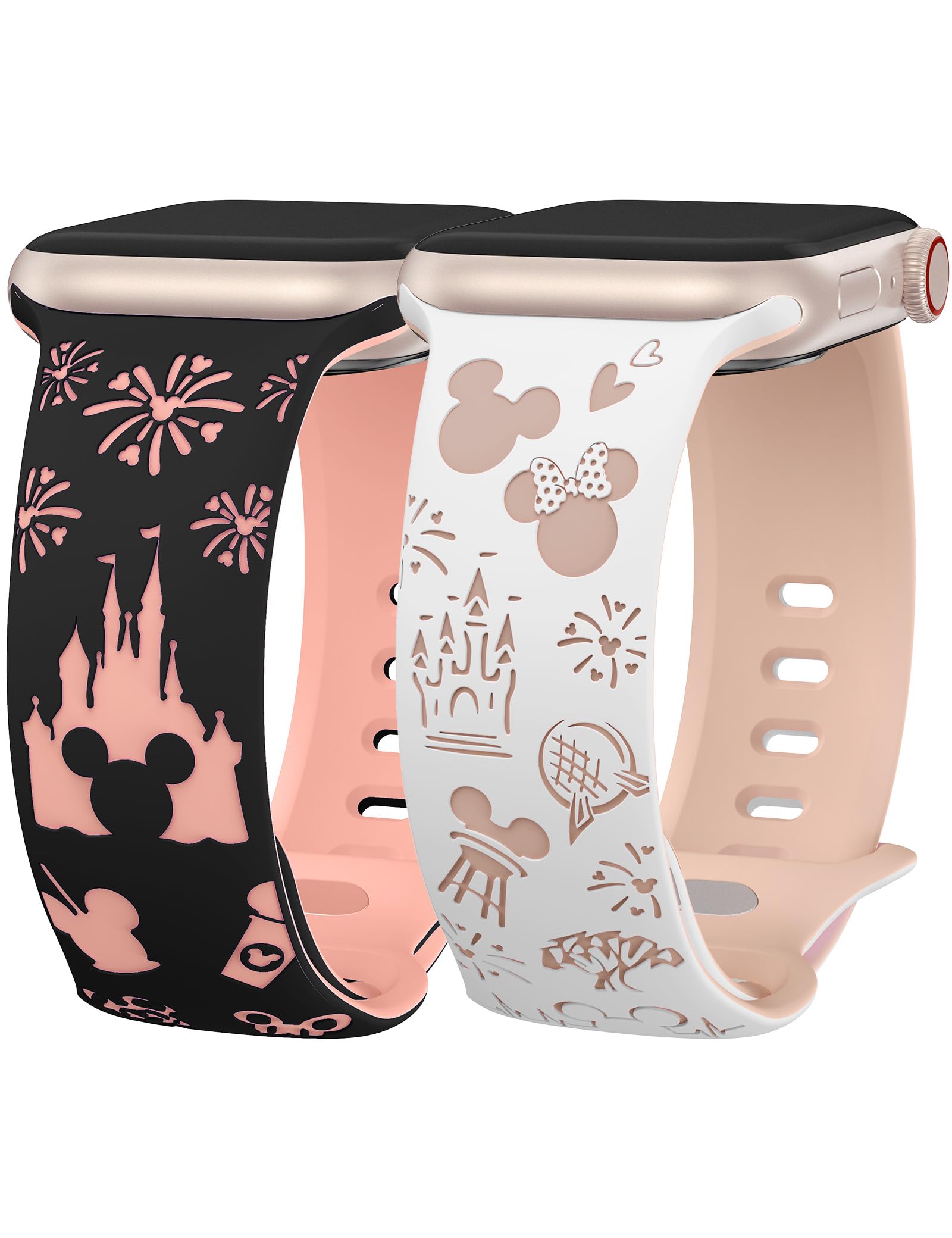 BEEXI 2 Packs Cartoon Engraved Band Compatible with Apple Watch Band 42/41/40/38mm Women Two-Tone Cute Soft Silicone Sport Strap for iWatch SE Series 10/9/8/7/6/5/4/3/2/1/Ultra(1/2)