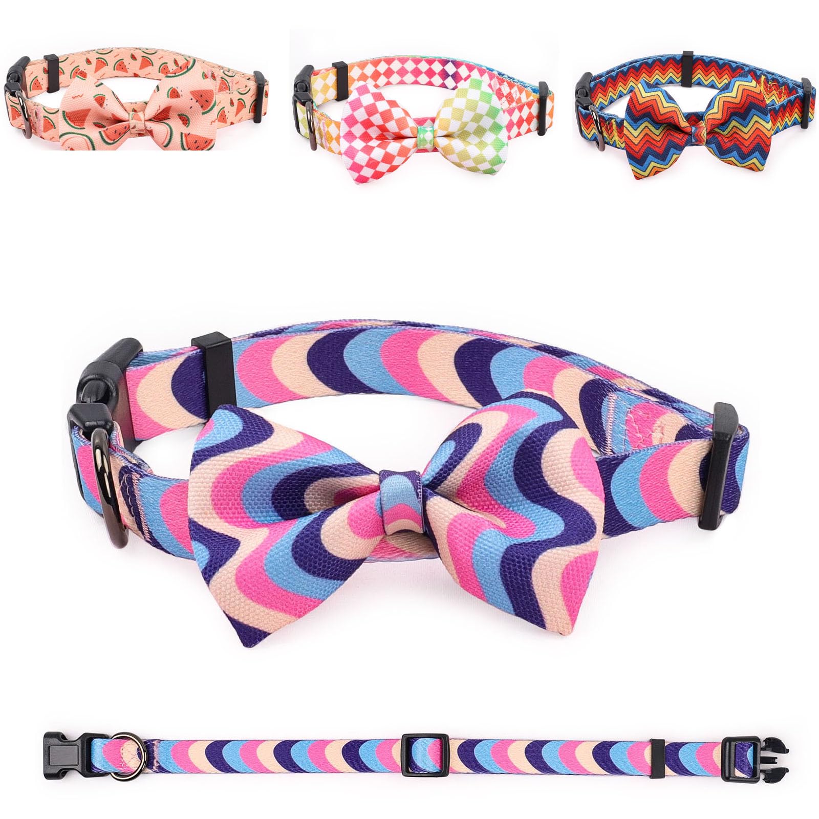 COSYHOMELONDON patterned Dog Collar with Bowtie, Durable Adjustable and Comfortable Collar for Small Dogs Puppies and Cats (Ripple, M)
