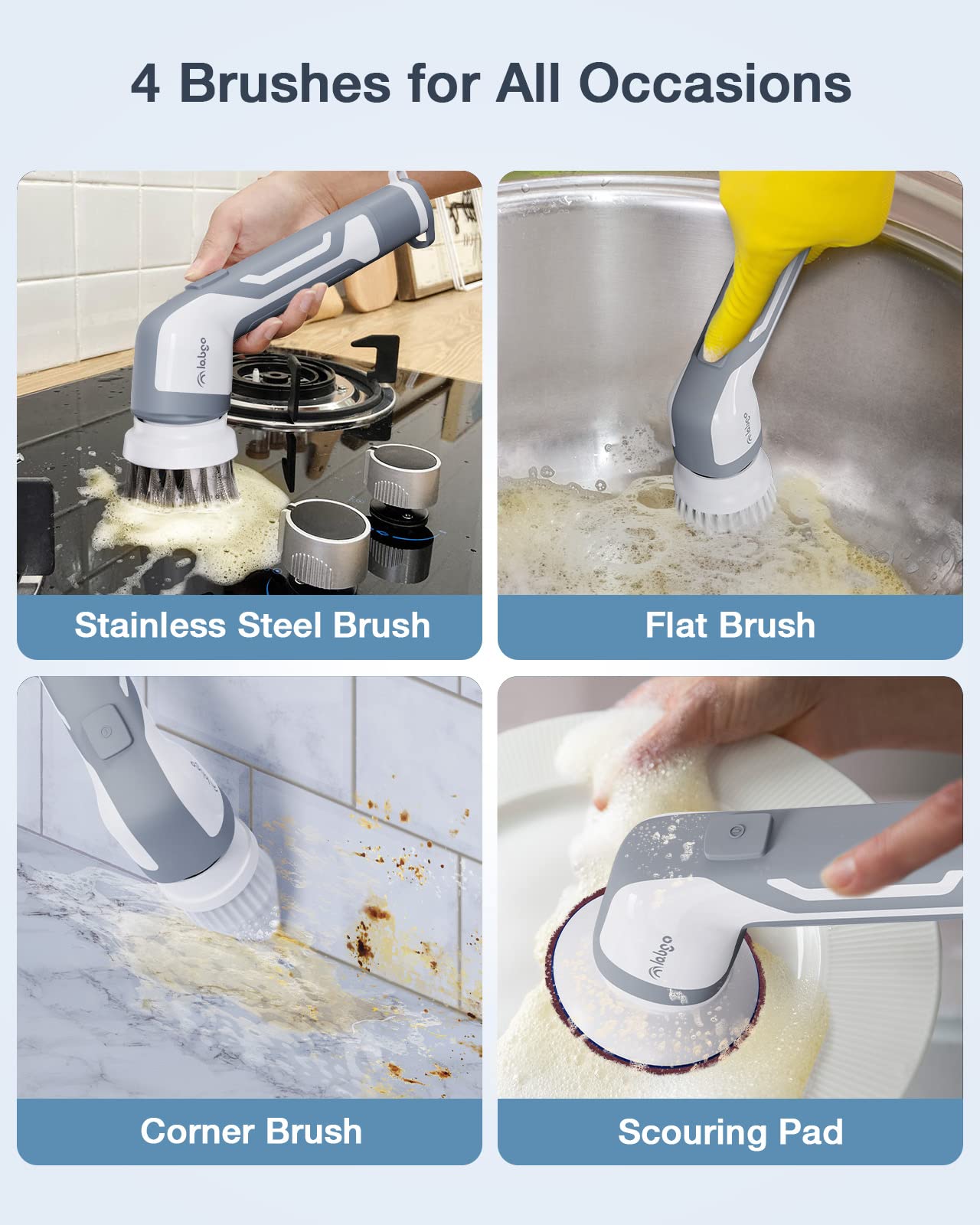 LABIGO Electric Spin Scrubber Bathroom Scrubber Shower Scrubber for Cleaning Tub Tile Floor Window Kitchen Sink, Power Scrubber Cordless Cleaning Brush with 5 Replaceable Brush Heads (GreyLA5)