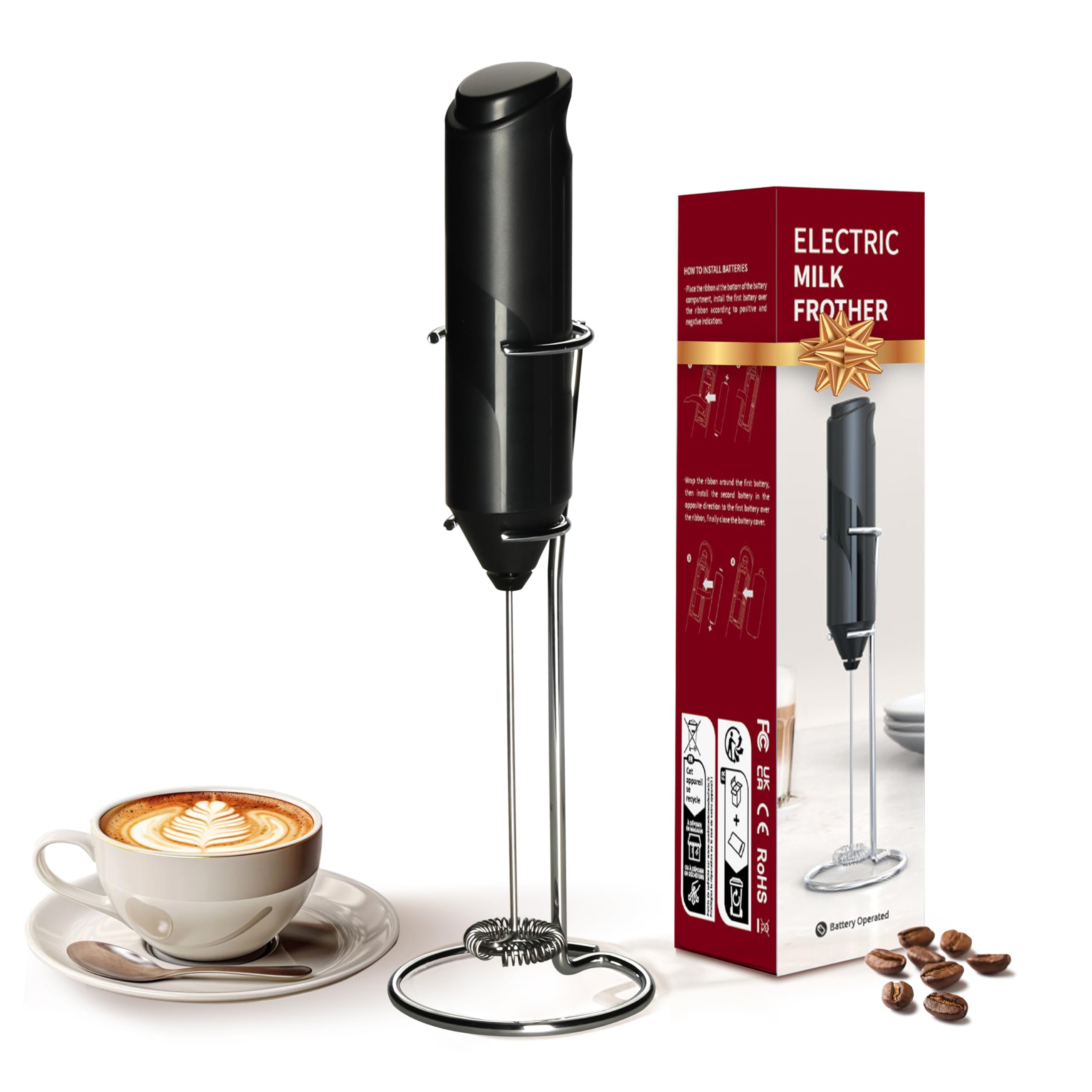 Photo 1 of YSSOA Electric Milk Frother Handheld with Stainless Steel Stand Battery Operated Whisk Drink Mixer for Coffee, Frappe, Latte, Matcha, Hot Chocolate, Mini Hand Blender, Black