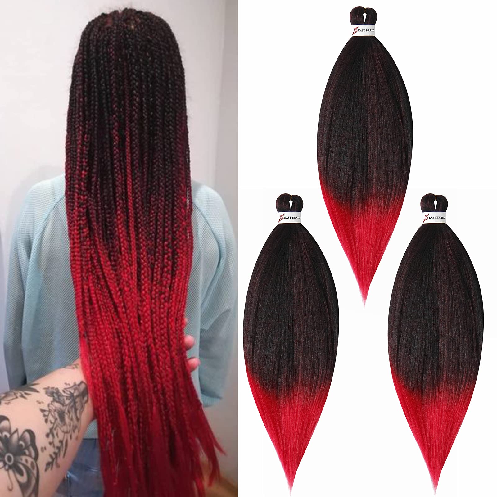 Pre stretched Braiding Hair Easy Braid Professional Hair Extensions Hot Water Setting Synthetic Fiber Crochet Twist Hair Yaki Texuture Itch Free Long Soft (26inch 3packs Black&Red)