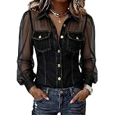 DINGANG Women's Mesh Sleeve Denim Blouse Shirt Button Down Jean Shirts Top | V Neck,Balloon Long Sleeve,See Through Jean Blouse Tops,with Pockets,Suitable for Casual,Party,Business Office Wear
