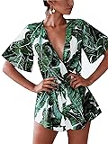 Famulily Women's Plunge V Neck Romper Printed