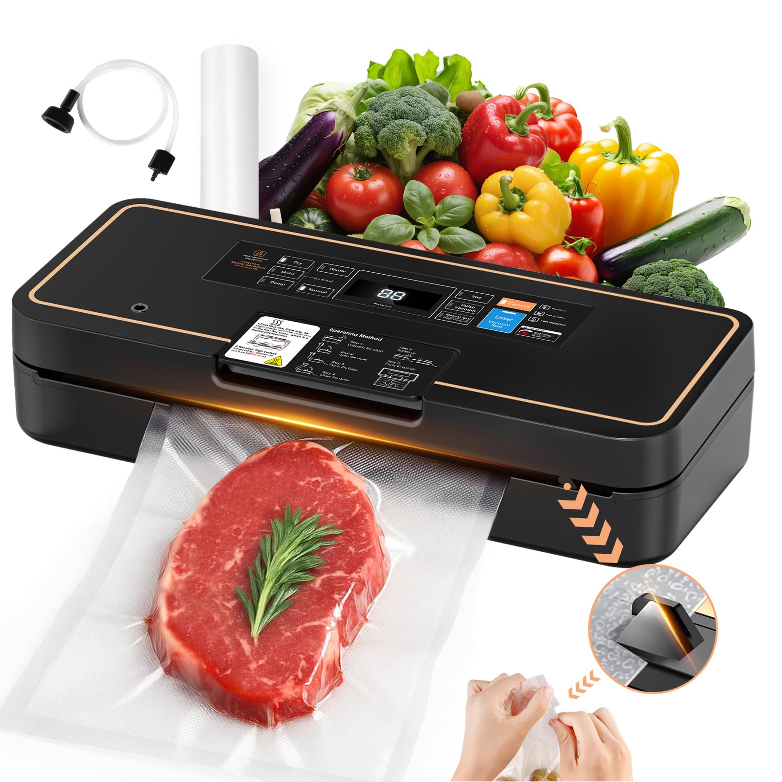 Vacuum Sealer for Food, 95kPa Food Vacuum Saver Sealer Machine, 120W 12L/min Fast-Sealing with Auto Tear-Cut,Digital Timer, Built-in Cutter, Bag Storage and One Bag Roll, 9-in-1 Compact Vacuum Sealer