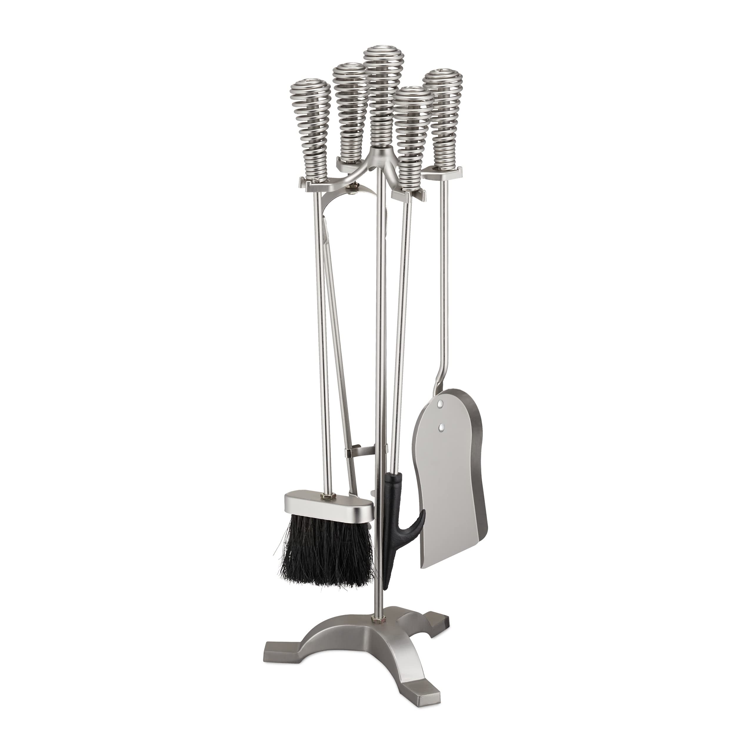 Relaxdays Fireplace Set, 5-piece Set, Poker, Ash Shovel, Broom, Tongs & Stand, Antique Design, Steel, 64x22x20, Silver