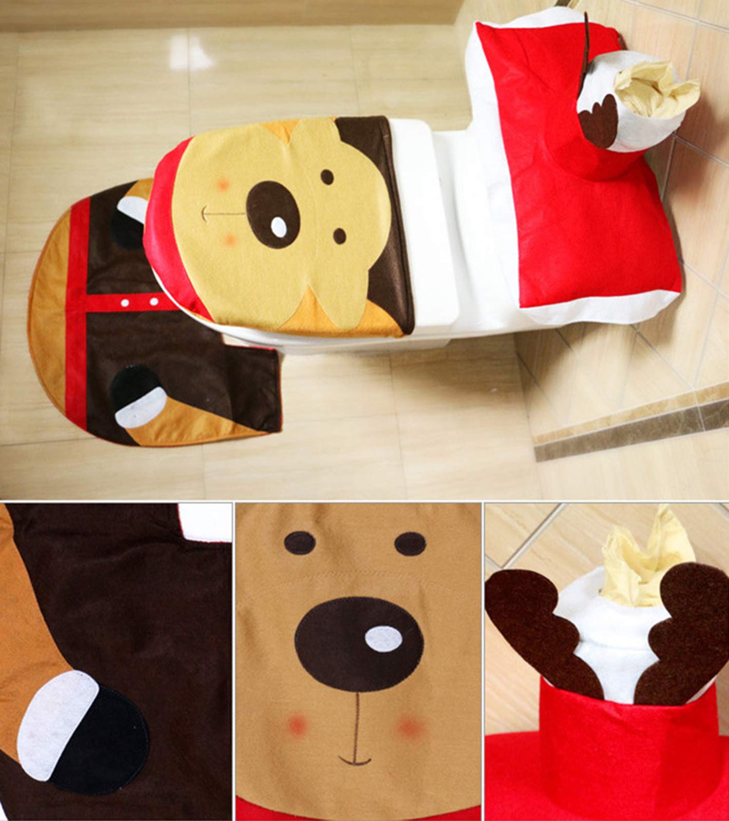 3 Pieces Christmas Toilet Seat Cover Set Santa Theme Bathroom Toilet Seat Set Christmas Decoration Set Includes Toilet Seat Cover, Rugs, Tank Cover, Toilet Santa Towel for Xmas Indoor Decor Gifts