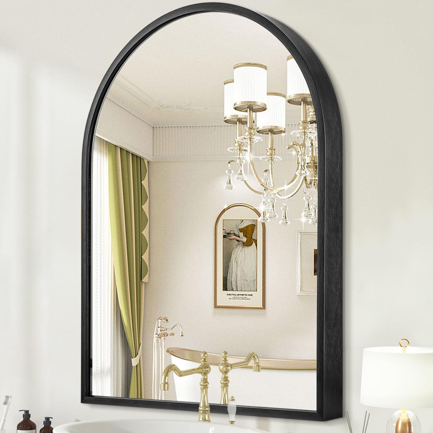 HLFMVWE Large Arch Wall Mirror Bathroom Black Metal Framed Mirror, Arched Wall Mounted Vanity for Bedroom Entryway Living Room 65 x 45cm