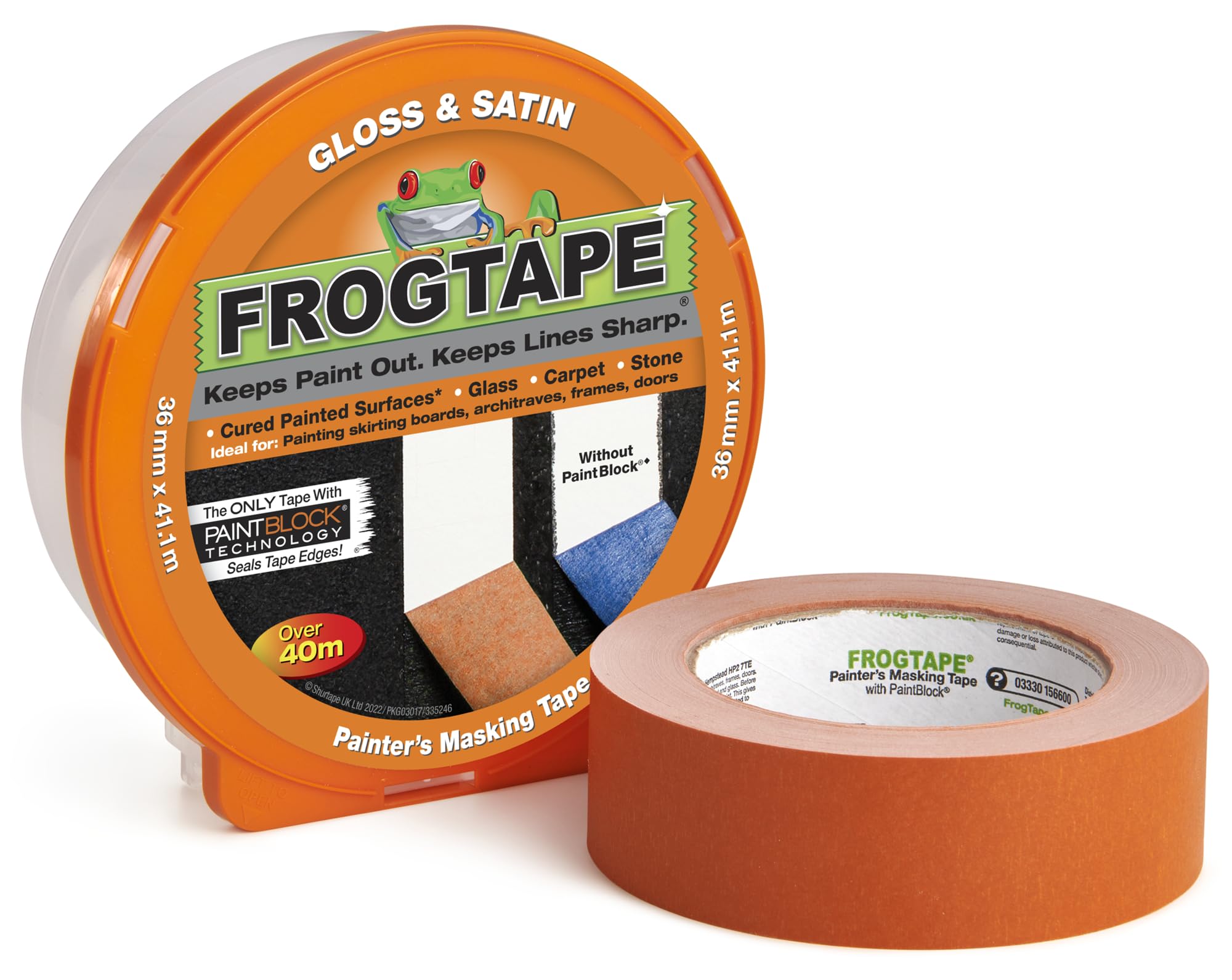 Frog Tape Orange Gloss & Satin Painters Masking Tape 36mm x 41.1m. Indoor painting and decorating for sharp lines and no paint bleed