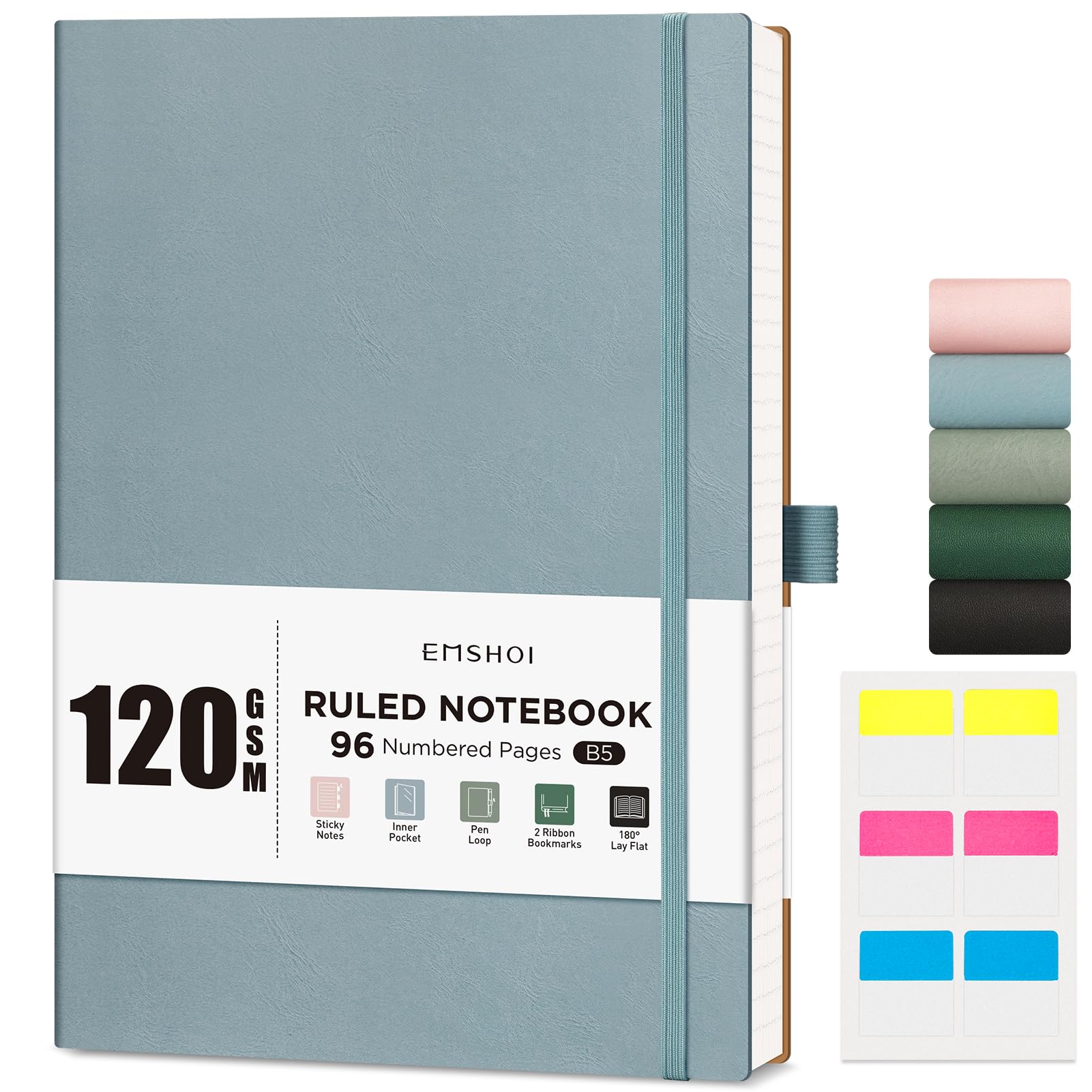 EMSHOI B5 Notebook Lined - 120 GSM Lined Paper, 96 Numbered Pages Softcover College Ruled Composition Notebooks with Free Sticky Notes for Women Men Office School,19 X 25 cm - Gray Blue
