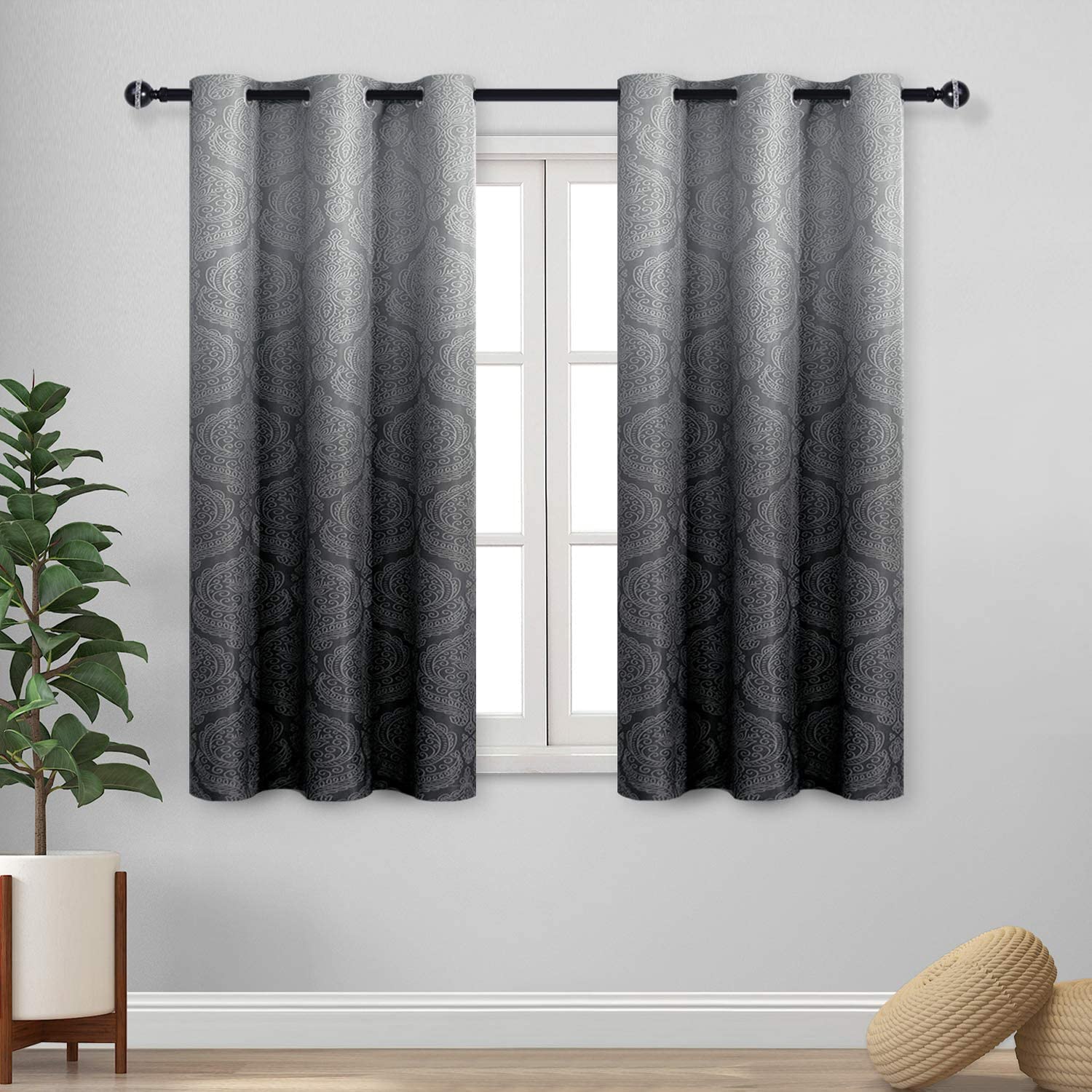 DWCN Black Ombre Short Curtains for Bedroom - Damask Patterned Thermal Insulated Blackout Room Darkening Grommet Curtains for Living Room, Set of 2 Window Curtain Panels, 46 x 54 Inches Long Image