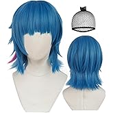IMEYLE Short Blue Wig with Bangs Cosplay Blue Cosplay Wig with Pink Highlights for women Short Wavy Bob Wigs for Halloween Outfit Bright Blue Anime Wigs for Party Costume+Hair Cap