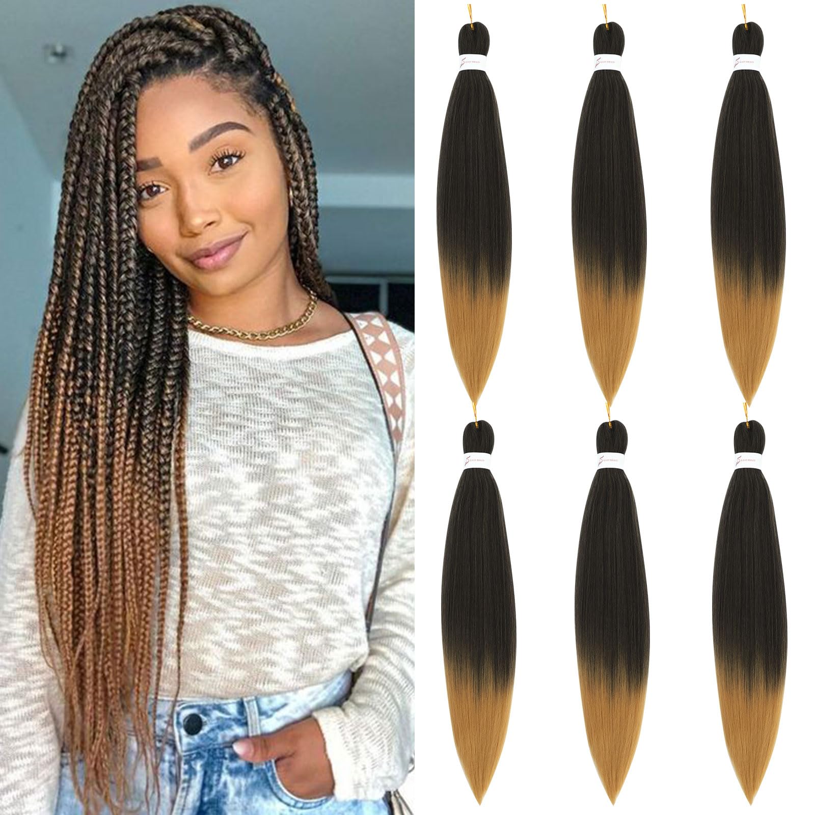 Easy Braid Pre stretched Braiding Hair Extensions - 30 Inch 6Packs Ombre Braiding Hair Soft Yaki Texture Crochet Synthetic Hair for Woman Hot Water Setting Crochet Braiding Hair Extensions (1B/27#) — image 1