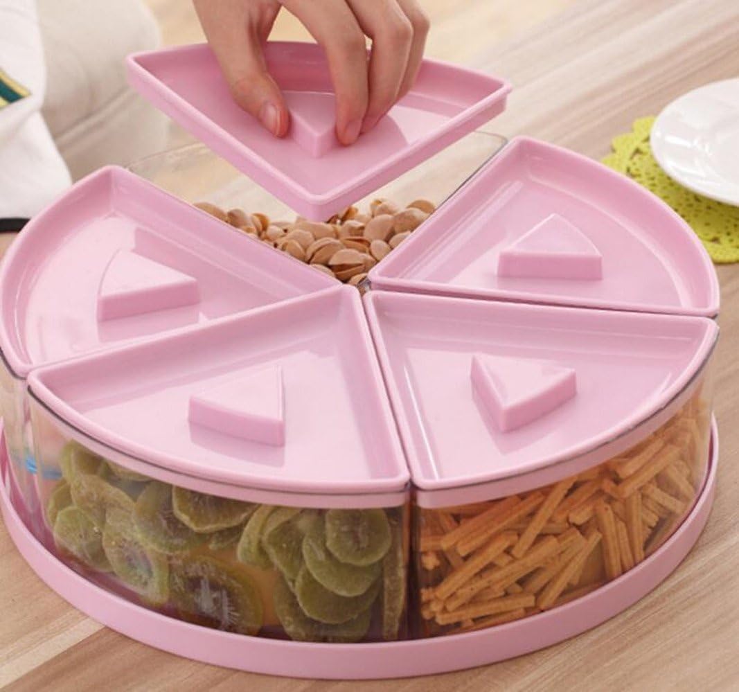 LFHT Multi Sectional Nuts and Candy Snack Serving Tray with Lid (Pink)