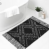 Black Bathroom Rug 2x3ft, Washable Boho Small Bath Mat Non Slip, Aztec Area Rug Floor Mat with Tassel for Kitchen, Entryway, Front Porch