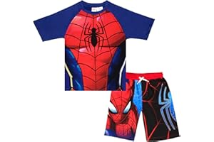 Marvel Boys Avengers Spiderman Black Panther Miles Morales 2-Piece Costume Swimsuit Set, Rash Guard & Swim Trunks for Boys