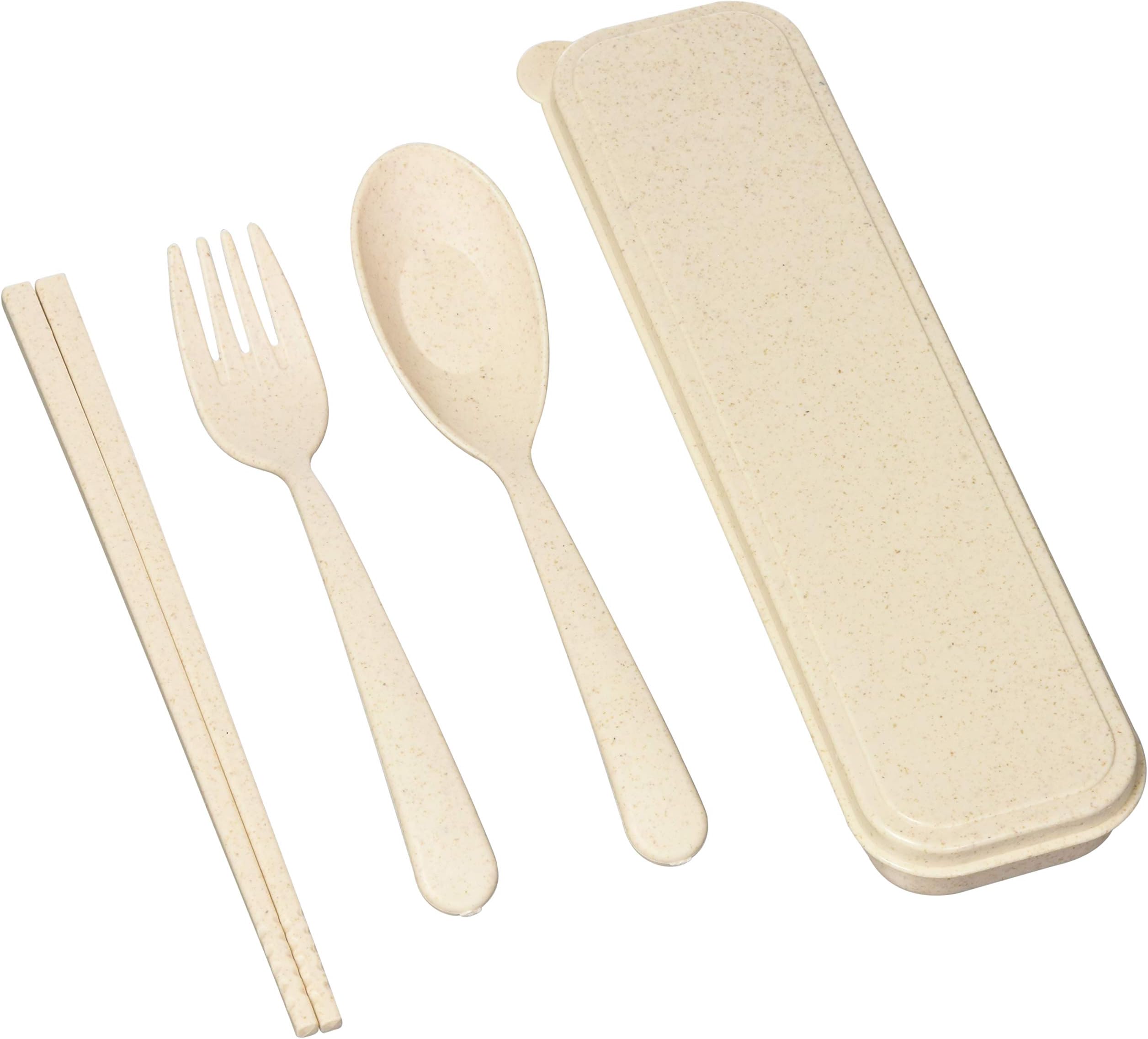 Portable Silverware Fork Spoon Chopsticks Set With Case Eco-Friendly Travel Utensils, Natural Color, Organic Wheat Straw Starch Material