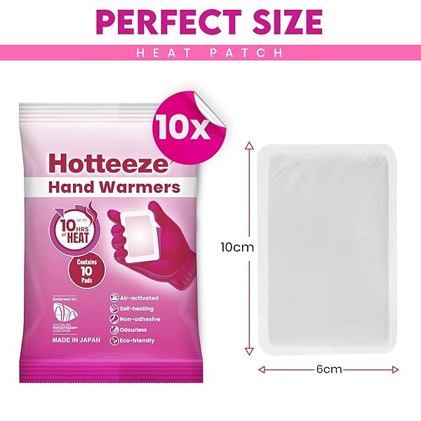 HOTTEEZE HAND WARMERS ECO FRIENDLY SELF ADHESIVE DISPOSABLE ODOURLESS PAIN RELIEF GLOVE WARMER FOR 10 HOURS OF HEAT, INSTANT AIR ACTIVATED POCKET HEATER – 1 PACK (10 PADS)