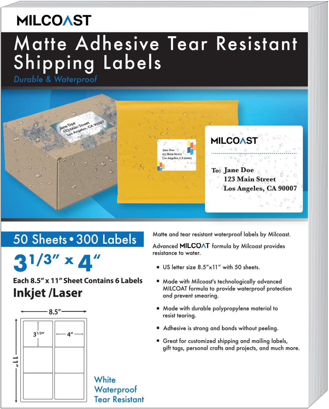Milcoast Matte Adhesive Tear Resistant Waterproof Shipping Labels - for Inkjet/Laser Printers, Size 3-1/3" x 4” Each - for Shipping, FBA, Stickers, Labels, Arts, Crafts (50 Sheets)