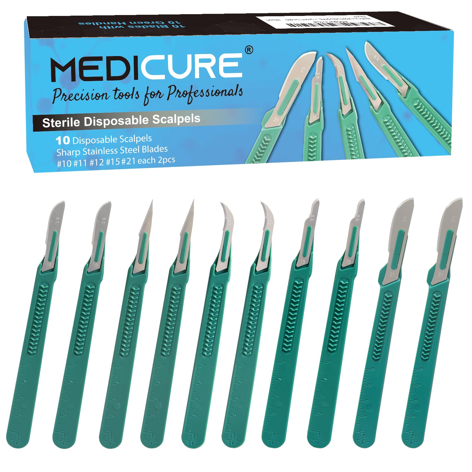 Photo 1 of Medicure Disposable Scalpels Multiple Sizes Sharp Stainless Steel Blades | Pack of 10 | Sterile Individual Pouches | for Dermaplaining, Podiatry, Crafts & More (MIXER)