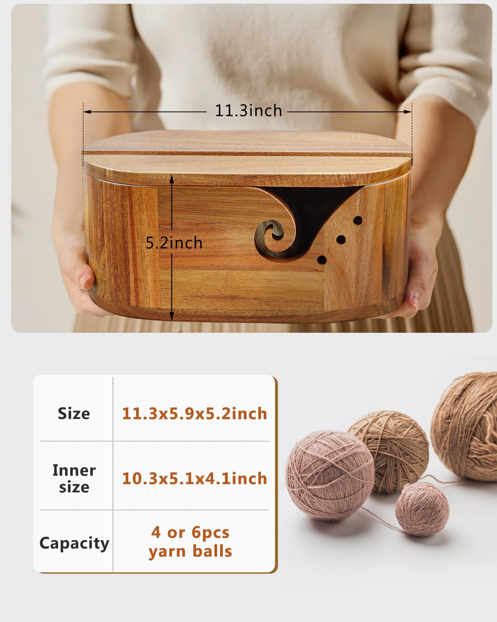 Oval Yarn Bowl, Crochet Yarn Holder with 9pcs Knitting Hooks, Yarn Storage Crochet Bowl Knitting Gift for Crocheters, Large Yarn Bowl Acacia Wooden 11.3x5.9x4.7inch (Acacia Yarn Bowl with Lid)