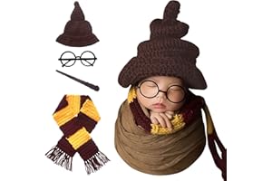 M&G HOUSE Newborn Photography Props Halloween Wizard Witch Hat Scarf Wand Glasses Frame 4 PCS Set Crochet Baby Photo Prop Halloween Baby Photoshoot Props Halloween Magic Party Cosplay Set