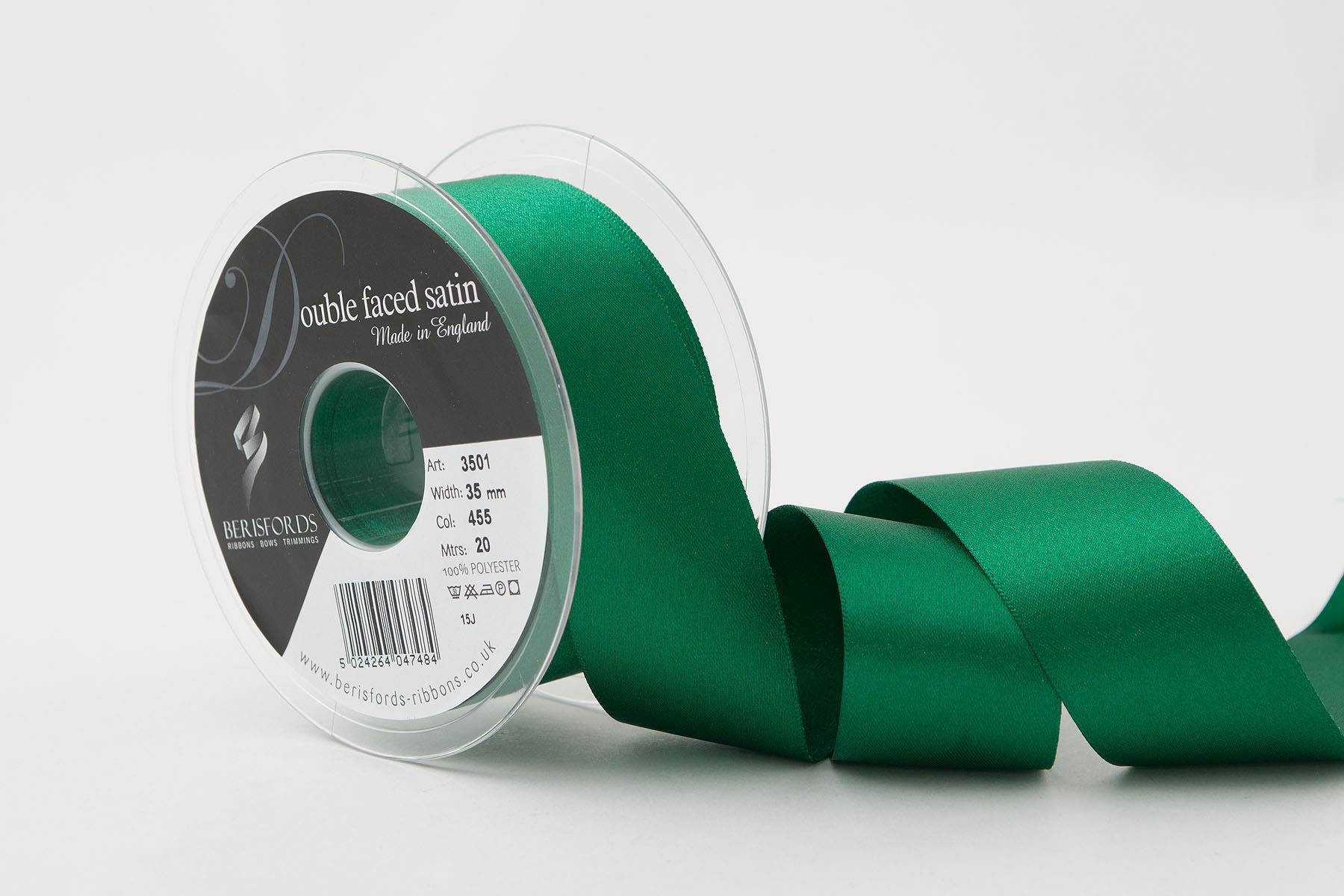 Berisfords Double FACE Poly Satin Ribbon, Hunter Green, 10.5x10.5x4.6 cm — image 1