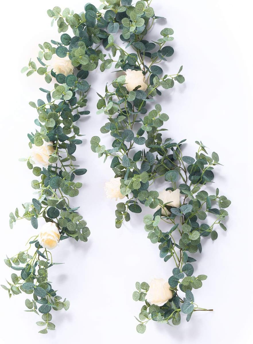 HZAMING Artificial Eucalyptus Garland with Champagne Roses Greenery