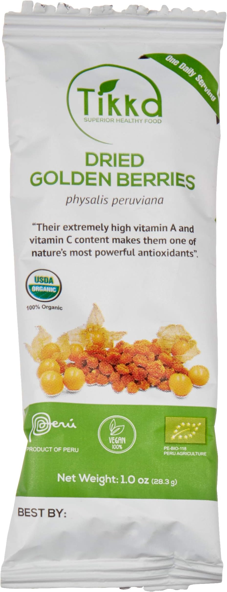 Dried Golden Berries - Snack Superfood, Organic, Natural, Vegan, Plant-Based Protein, Nutritious, Antioxidant-rich, Low Calorie, 15 1oz Pks; Grown & Hand Selected for in Peru by TikkaFood
