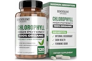 BENEVOLENT NOURISHMENT Benevolent Chlorophyll Capsules 350mg - 100% Natural + Ultra Chlorophyll 20x Potency Concentration for Energy Boost, Immune Support, Internal Deodorant, Skin Health, Non-GMO, 120 Capsules