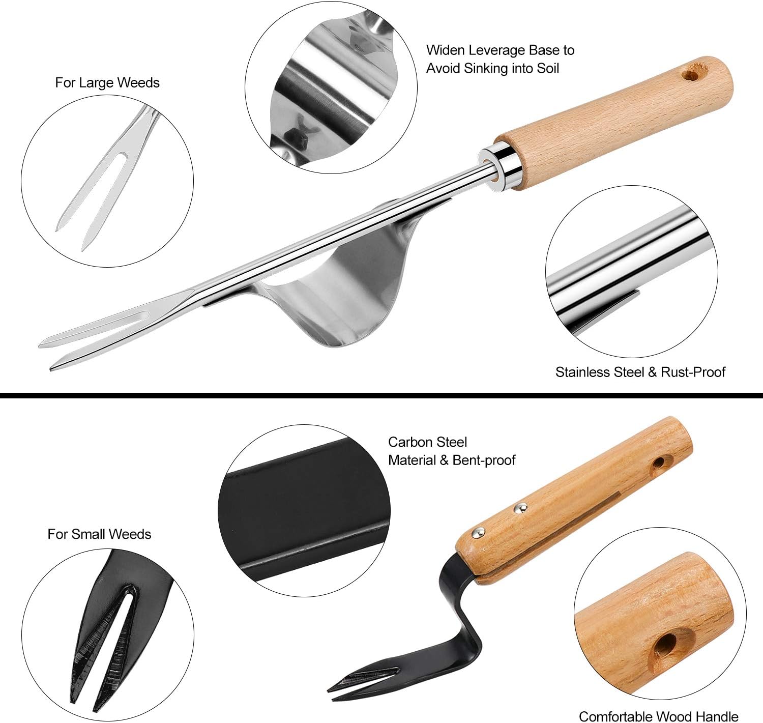 Zoyomax 2 Pack Hand Weeder with Wood Handle, Manual Weed Puller Stainless Steel Bend-Proof Dandelion Weeder for Garden Weeding Farmland Transplant, Plus a Pair of Protective Gloves : Garden & Outdoor
