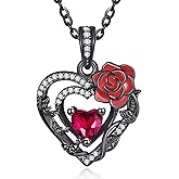 Zeuslia Red Rose Necklace Black Heart Pendant Necklace Sterling Silver July Birthstone Necklaces Ruby Halloween Jewelry Gifts for Women