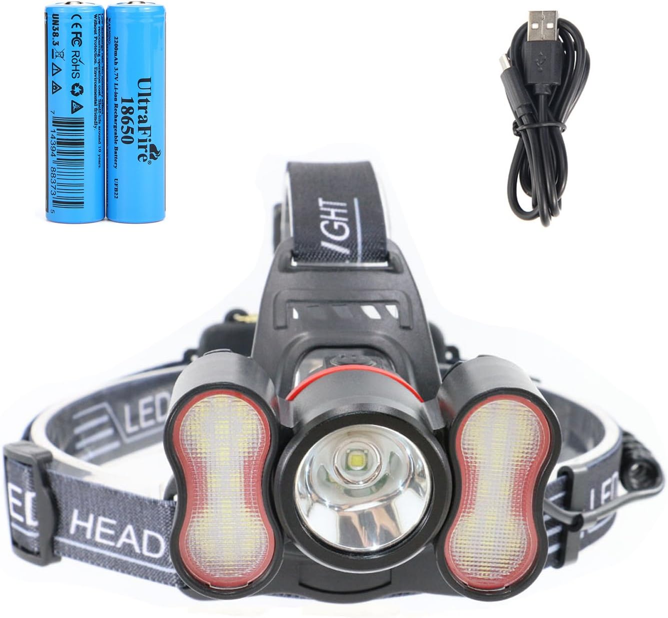 UltraFire LED Headlamp Rechargeable With 18650 Li-ion Batteries,Light Sensitive Head Torch 500 Lumens Max 4 Modes,18650 Rechargeable Battery 2200mAh 3.7V,USB Headlight Adjustable 90 Degrees,UF3006-A1