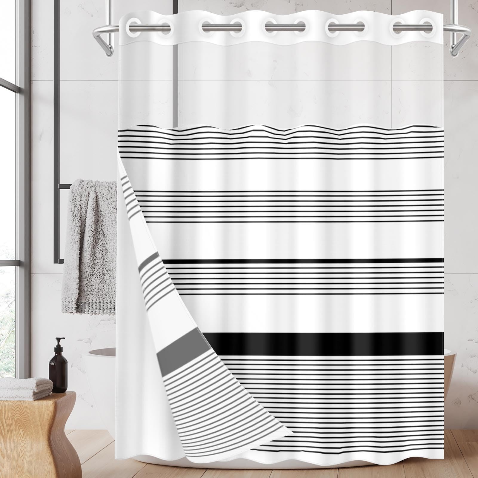 Nesphy No Hook Black Shower Curtain with Snap in Fabric Liner Set, Modern Striped Double Layers Waterproof Fabric with See Through Top Window Open Grommet Bath Curtain 71x74 Inch