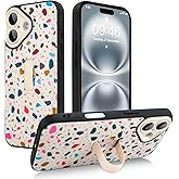 SAKUULO for iPhone 16 Case with Finger Hand Strap Kickstand, Cream Terrazzo Print Pattern Phone Case for Women Men, Strengthen Protection Cover, Cream Terrazzo (6.1")