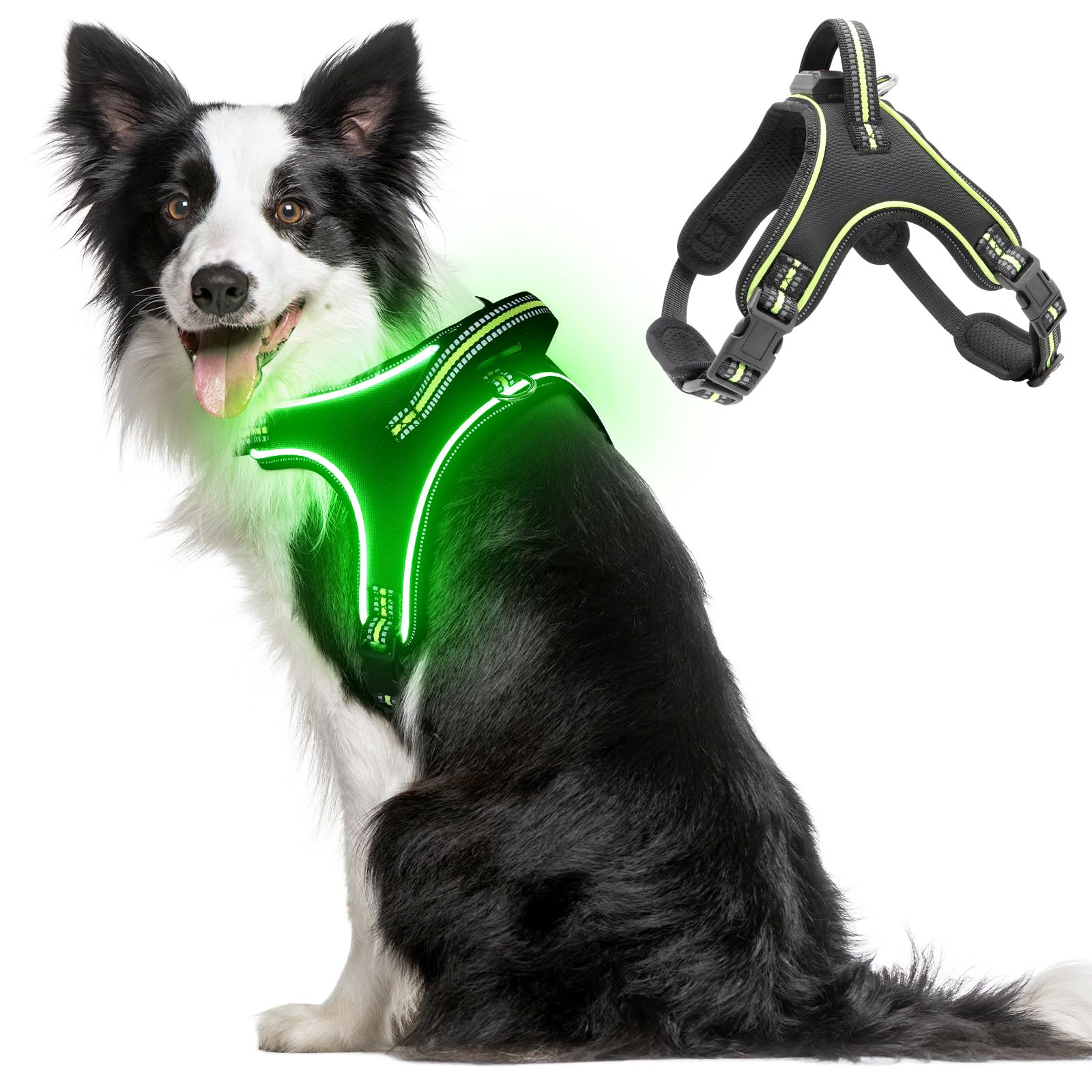 Light Up Dog Harness No Pull LED Dog Harness with Handle Rechargeable Rainproof Pet Harness for Night Walking Glowing Dog Vest Harness for Small Medium Large X-Large Dogs (Green, L)