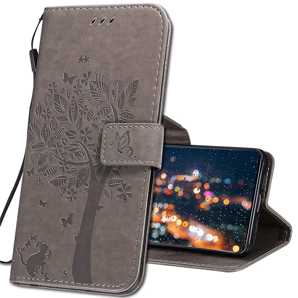 IMIRST OPPO A54 5G Phone Case - Premium Leather Case For OPPO A74 5G, Flip Wallet Protective Case Cover for OPPO A54 5G / A74 5G / A93 5G. KT1 Wish Tree Grey