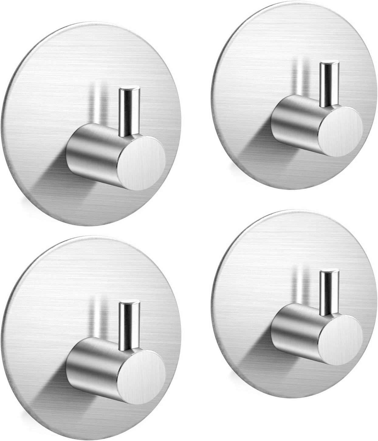 SouLips Adhesive Hooks, Self Adhesive Wall Mounted Hangers for Keys Robe Coat Towel, Heavy Duty Strong Brushed Stainless Steel Stick on Hooks, Non Slip Waterproof for Bathroom Kitchen Doors, 4 Packs