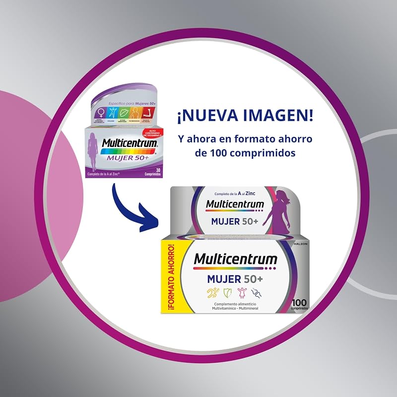 Multicentrum woman 50+ suplemento alimentar multivitamínico e multimineral para mulheres com mais de 50 anos, pós-menopausa, com cálcio, vitamina c e b, sem glúten, 100 comprimidos